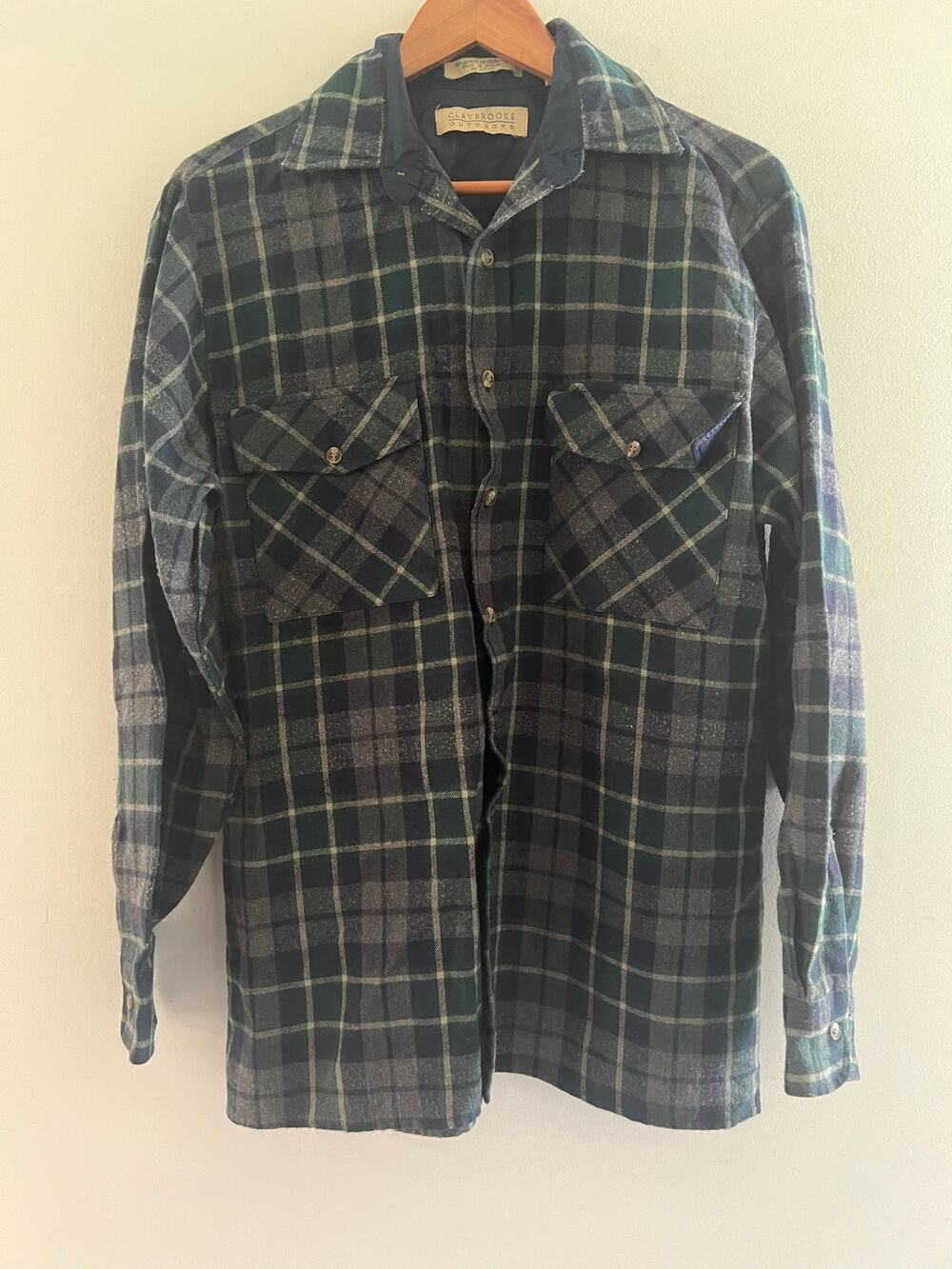 Vintage Claybrooke Button Down Flannel Jacket Shirt Green Blue Plaid Medium